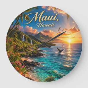 Reloj Redondo Grande Póster de viaje de la costa tropical de Maui Hawai