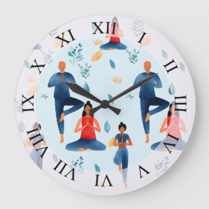 Reloj Redondo Grande Posturas de Yoga, Meditación, Arte Nueva Era