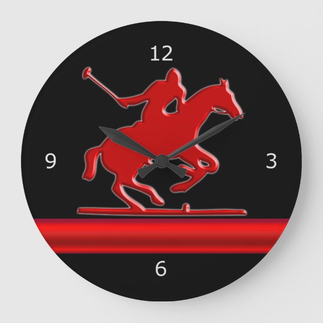 Reloj Redondo Grande Potro de polo rojo en raya negra, roja de la (Anverso)