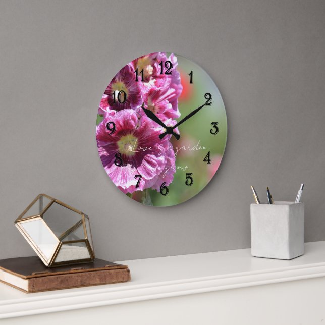 Reloj Redondo Grande Pretty Pink Hollyhock Flowers Photography   (Oficina)