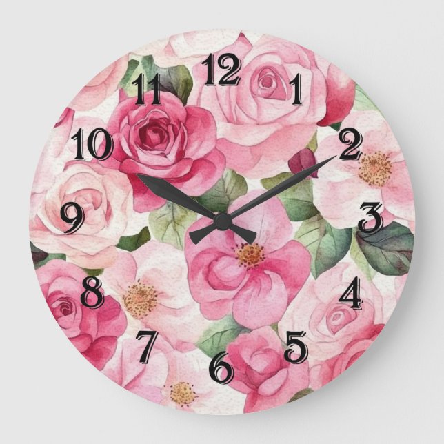 Reloj Redondo Grande Pretty Pink Roses Floral (Anverso)