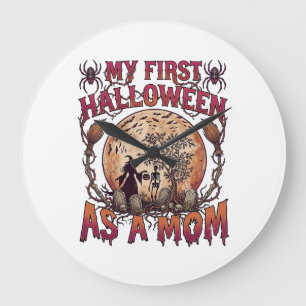 Reloj Redondo Grande Primer Halloween como bruja de la luna esquelética