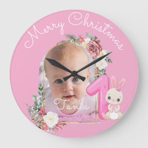 Reloj Redondo Grande Primera Navidad Rosa Niña Bebé Foto floral