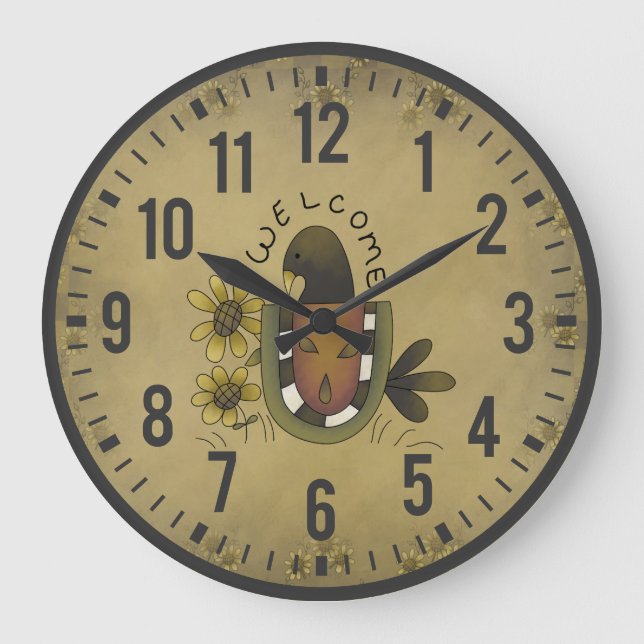 Reloj Redondo Grande Primitive Country Crow and Sunflowers Rustic Clock (Anverso)