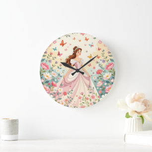 Reloj Redondo Grande Princesa linda con mariposas