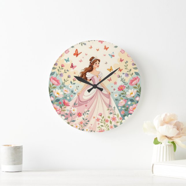 Reloj Redondo Grande Princesa linda con mariposas (Hogar)