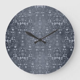 Reloj Redondo Grande Profundo Gris Plateado Floral Patrón Damask