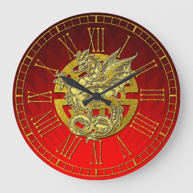 Reloj Redondo Grande Prosperidad china del símbolo del dragón del oro (Anverso)
