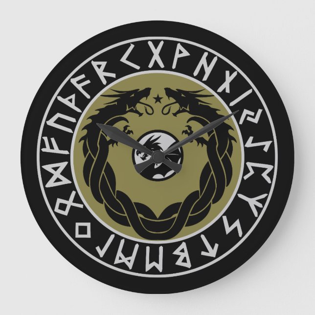 Reloj Redondo Grande Protección de runas vikingas de dragón (Anverso)