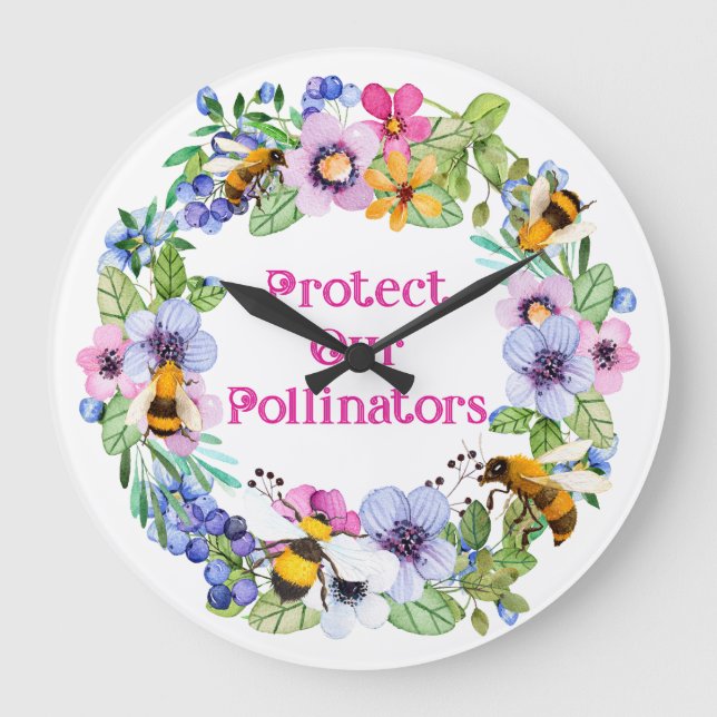 Reloj Redondo Grande Proteger nuestros polinizadores Flores de abejas (Anverso)