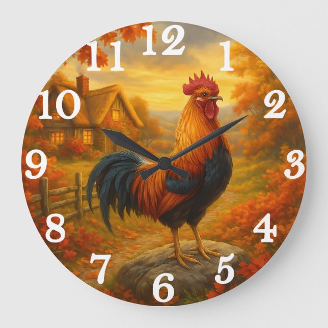 Reloj Redondo Grande Proud rooster in autumn countryside (Anverso)