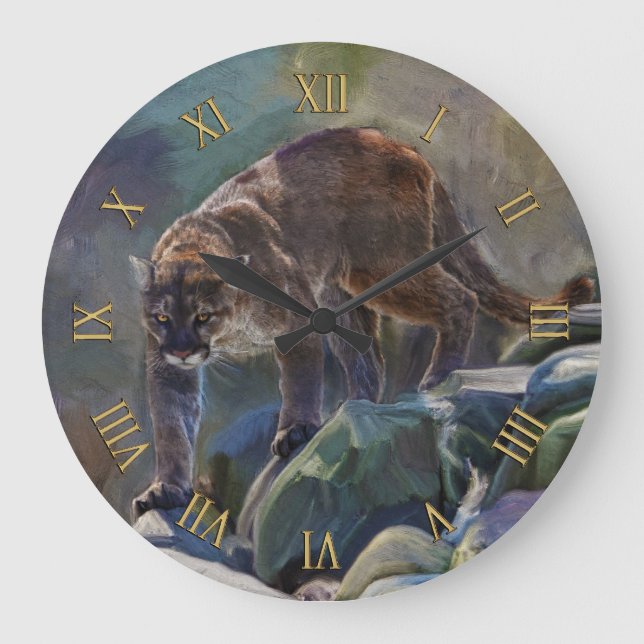 Reloj Redondo Grande Prowling Cougar Mountain Lion Art Design (Anverso)