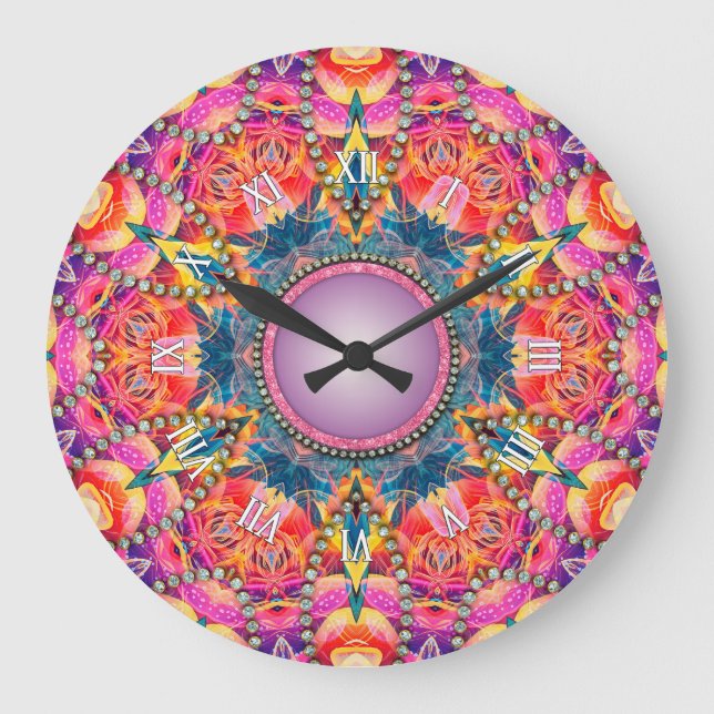 Reloj Redondo Grande Psicodelia Groovy Amor Rosa Glam Mandala (Anverso)