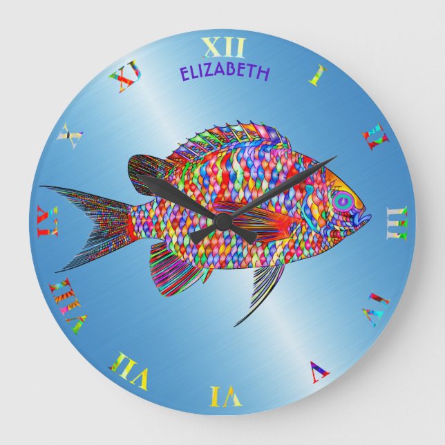 Reloj Redondo Grande Psicodélico Colorido Dibujo abstracto de peces (Anverso)