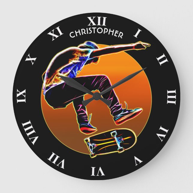 Reloj Redondo Grande Psychedelic Glowing Skateboarder With Skateboard (Anverso)