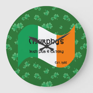 Reloj Redondo Grande Pub & Comedor Personalizado Bandera Irlandesa Tréb