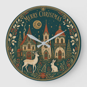 Reloj Redondo Grande Pueblo Navideño Dorado Encantado