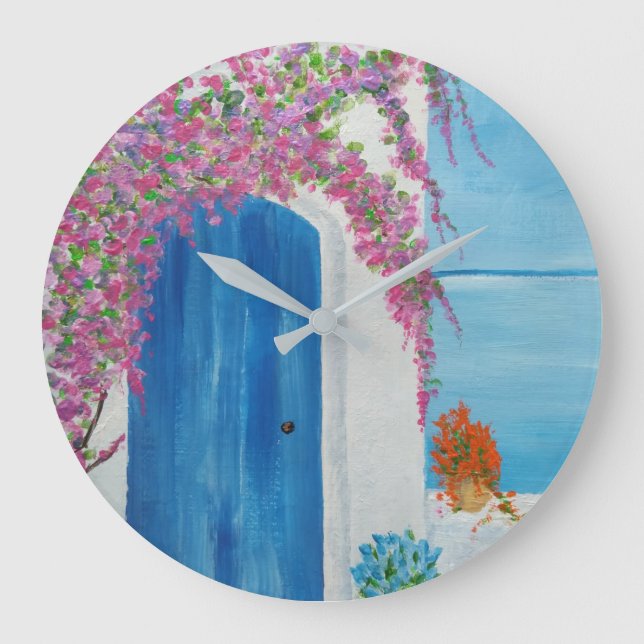 Reloj Redondo Grande Puerta azul griega (Anverso)