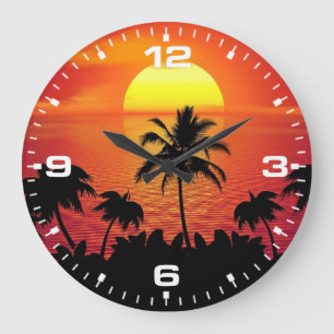 Reloj Redondo Grande Puesta de sol tropical palmeras silueta playa