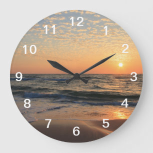 Reloj Redondo Grande Puesta del sol, playa, y nubes