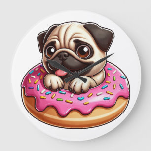 Reloj Redondo Grande Pug adorable con donut dibujo animado amante de lo