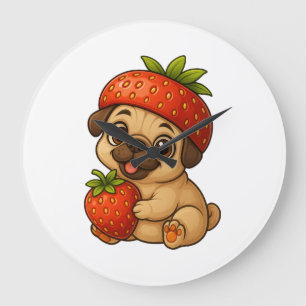 Reloj Redondo Grande Pug adorable con fresas divertido cartoon afrutado