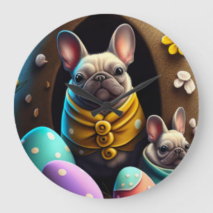 Reloj Redondo Grande Pug Adorable con Huevos de Pascua Festivo y Lindo