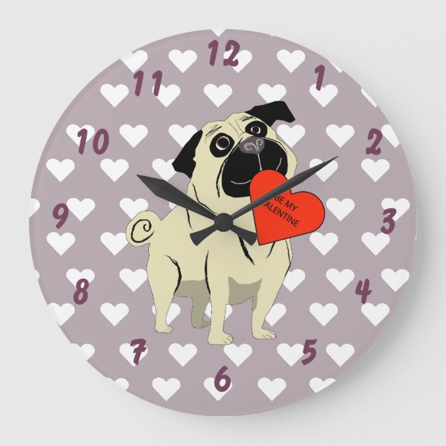 Reloj Redondo Grande Pug be my Valentine (Anverso)