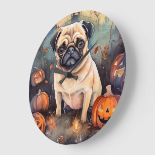 Reloj Redondo Grande Pug de Halloween con calabazas espeluznante