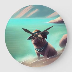 Reloj Redondo Grande Pug disfrutando en la playa pintando arte