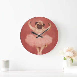 Reloj Redondo Grande Pug gruñón bailarina con tutú rosa