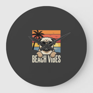 Reloj Redondo Grande Pug Perro Atardecer Vibraciones de la Playa
