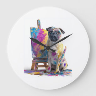 Reloj Redondo Grande Pug Pintor � Perro de Arte Abstracto