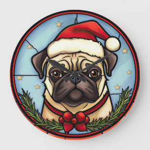 Reloj Redondo Grande Pug Vidrio Pintado Navidad