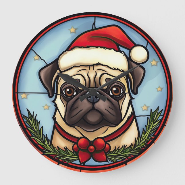 Reloj Redondo Grande Pug Vidrio Pintado Navidad (Anverso)