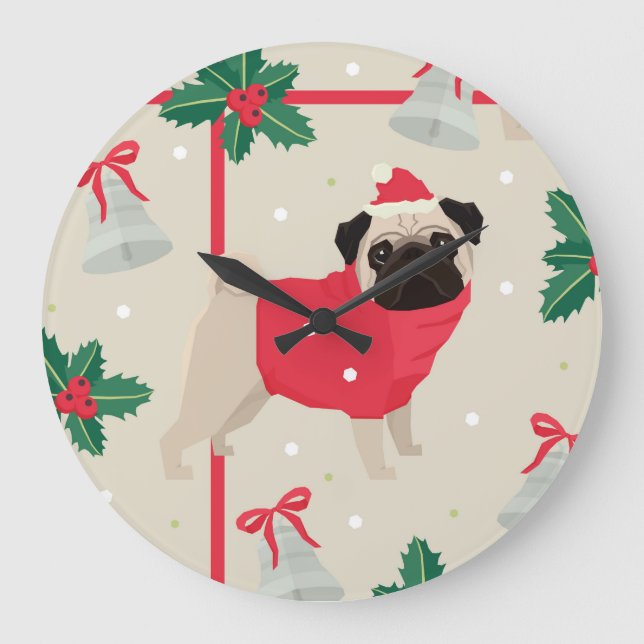 Reloj Redondo Grande Puggy Christmas Wall Clock (Anverso)