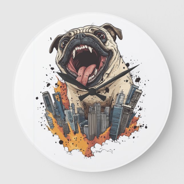 Reloj Redondo Grande Pugzilla Ataca � Perro Monstruo Divertido (Anverso)
