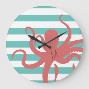 Reloj Redondo Grande Pulpito rojo playa moderna blanca rayada azul verd