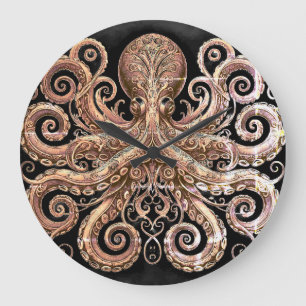 Reloj Redondo Grande Pulpo Kraken Steampunk Ornamentado Dorado Negro
