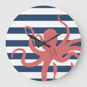 Reloj Redondo Grande Pulpo rojo playa moderna blanca rayada azul marino