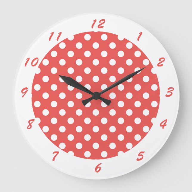 Reloj Redondo Grande Punto de polka blanco rojo retro suave (Anverso)