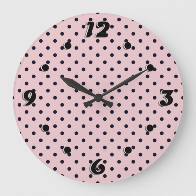 Reloj Redondo Grande Punto de polka negra rosa (Anverso)