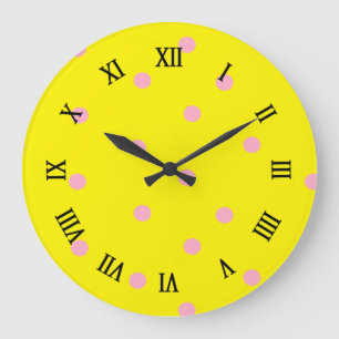 Reloj Redondo Grande Punto de polka rosa sobre amarillo
