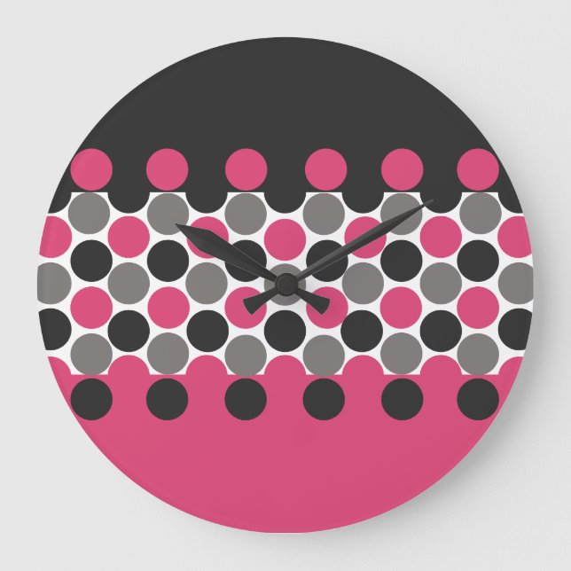Reloj Redondo Grande Punto de polka rosa y gris (Anverso)