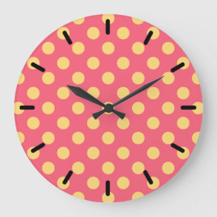 Reloj Redondo Grande Puntos de polka amarilla sobre el coral