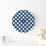 Reloj Redondo Grande Puntos de Polka Azul de la Marina, Patrón de Punto<br><div class="desc">Patrón de puntos polka amables,  divertidos y adorables en color azul marino y blanco. Un regalo moderno y de moda,  perfecto para el amante de la polka en su vida.</div>