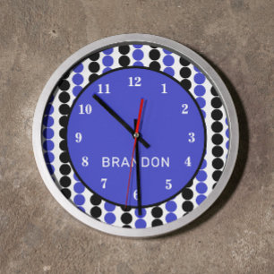 Reloj Redondo Grande Puntos de Polka azul y negro con nombre