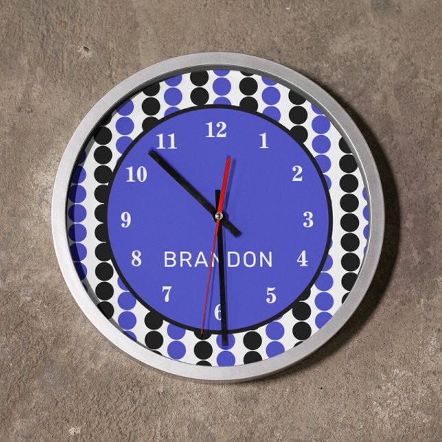 Reloj Redondo Grande Puntos de Polka azul y negro con nombre (Subido por el creador)