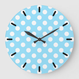 Reloj Redondo Grande Puntos de polka blanco sobre azul pálido