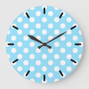 Reloj Redondo Grande Puntos de polka blanco sobre azul pálido